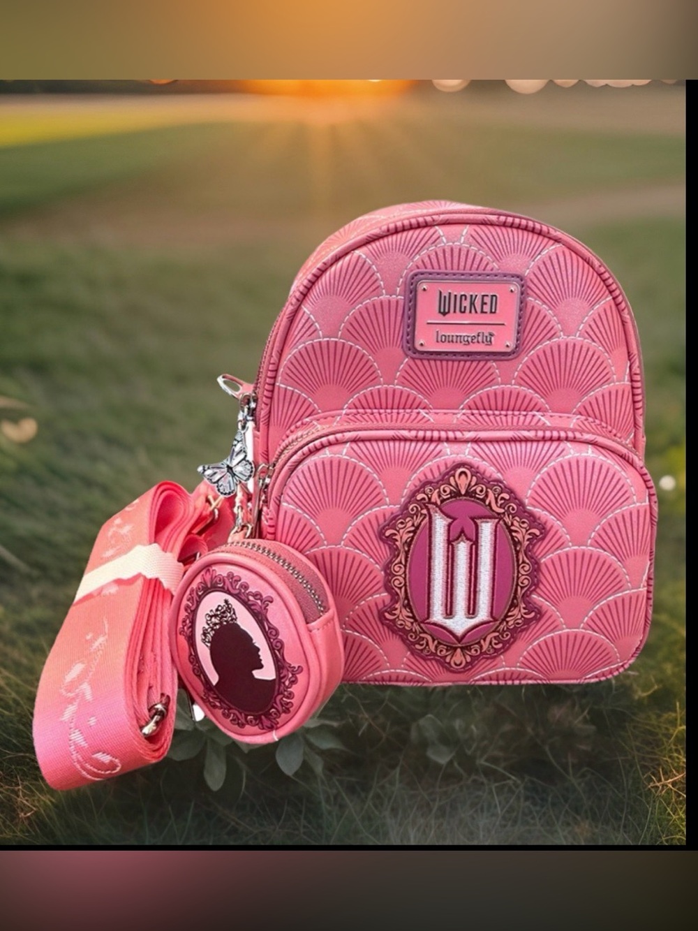 NEW Loungefly Wicked Glinda Convertible Excl Pink Backpack Coin Purse Butterfly
